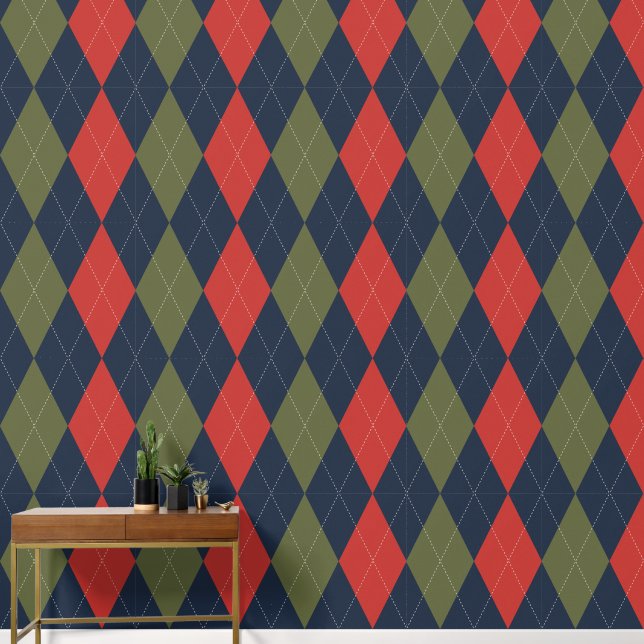 Preppy Klassiek Argyle Marine, Schuurrood & Legerg Behang (Hal)