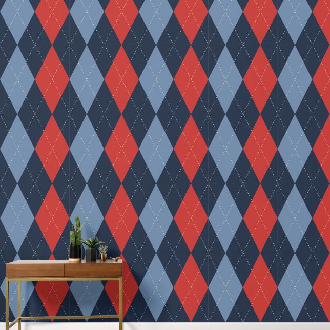 Preppy Klassiek Argyle Marine, Schuurrood & Rookbl Behang (Hal)