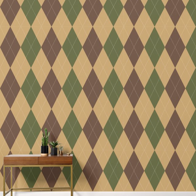 Preppy Klassieke Argyle Khaki, Legergroen & Bruin Behang (Hal)