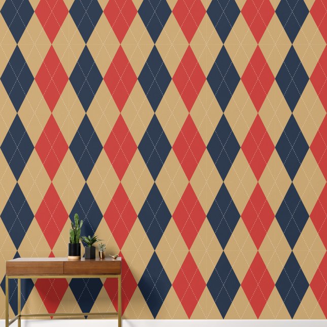 Preppy Klassieke Argyle Khaki, Navy & Schuurrood Behang (Hal)