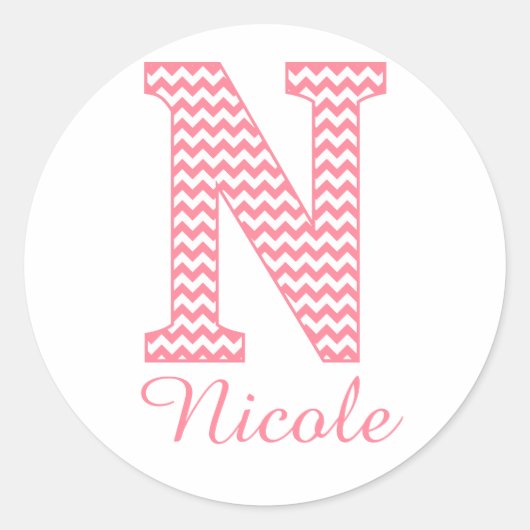 Preppy Klassieke Roze Chevon Letter N Monogram Ronde Sticker (Voorkant)