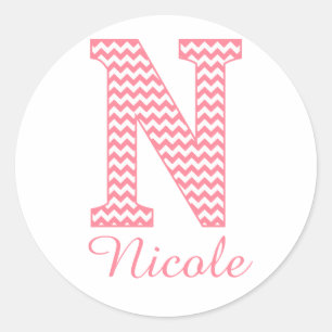 Preppy Klassieke Roze Chevon Letter N Monogram Ronde Sticker