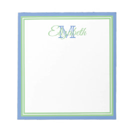 Preppy korenbloemblauw en saliegroen monogram notitieblok