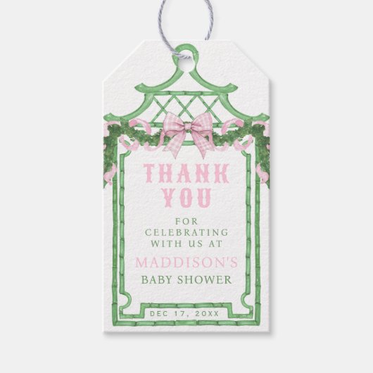 Preppy Krans met Pink Gingham Bow | Baby Shower Cadeaulabel (Voorkant)