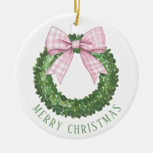 Preppy Krans met Pink Gingham Bow Keramisch Ornament