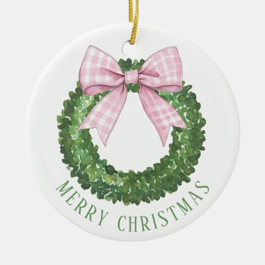 Preppy Krans met Pink Gingham Bow Keramisch Ornament (Voorkant)