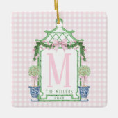 Preppy Krans met Pink Gingham Bow Keramisch Ornament (Voorkant)