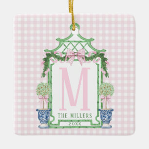 Preppy Krans met Pink Gingham Bow Keramisch Ornament