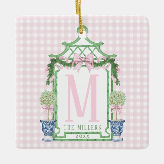 Preppy Krans met Pink Gingham Bow Keramisch Ornament (Voorkant)
