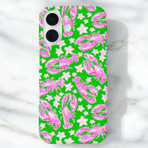 Preppy Kreeft Bloem Roze Groen Patroon iPhone 16 Hoesje