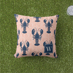 Preppy Kreeft Griekse Sleutel Koraal & Marineblauw Buitenkussen