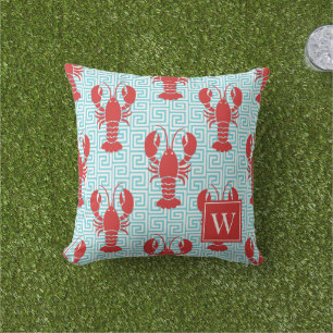 Preppy Kreeft Griekse Sleutel Rood & Turquoise Mon Buitenkussen