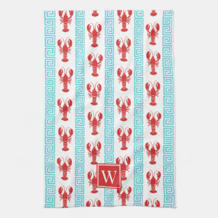 Preppy Kreeft Griekse Sleutel Rood & Turquoise Mon Theedoek