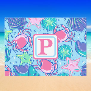 Preppy Kust Monogram Schelpen Roze Krab Blauwe Notitiekaartje