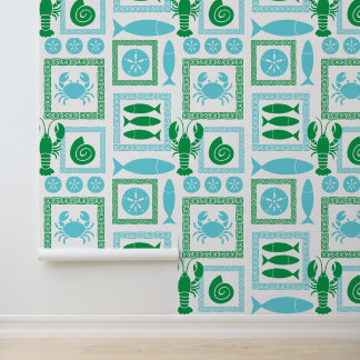 Preppy Kust Patchwork Groen & Turquoise Behang