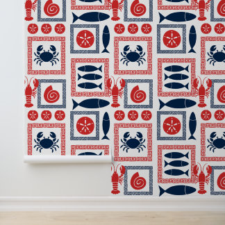 Preppy Kust Patchwork Rood & Marineblauw Behang