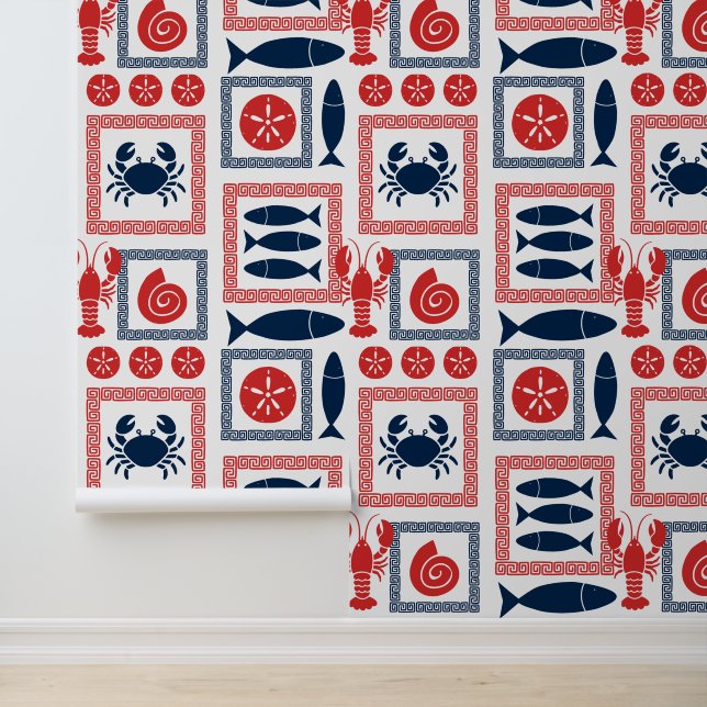 Preppy Kust Patchwork Rood & Marineblauw Behang (Applicatie)