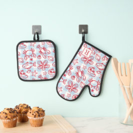 Preppy Kust Zeevruchten Gingham Keuken Decor Ovenwant & Pannenlap Set