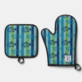 Preppy Kustvis Groen Blauw Streep Ovenwant & Pannenlap Set