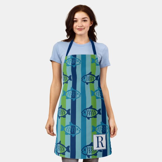 Preppy Kustvis Groen Blauw Streep Schort (Gedragen)