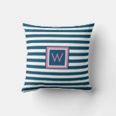 Preppy leisteenblauw en wit gestreepte monogram kussen (Achterkant)