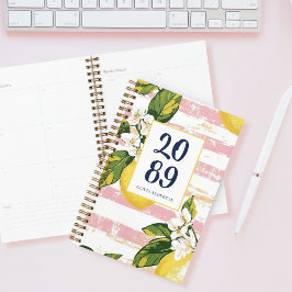 Preppy Lemon Blossom Floral Pink Striped Planner