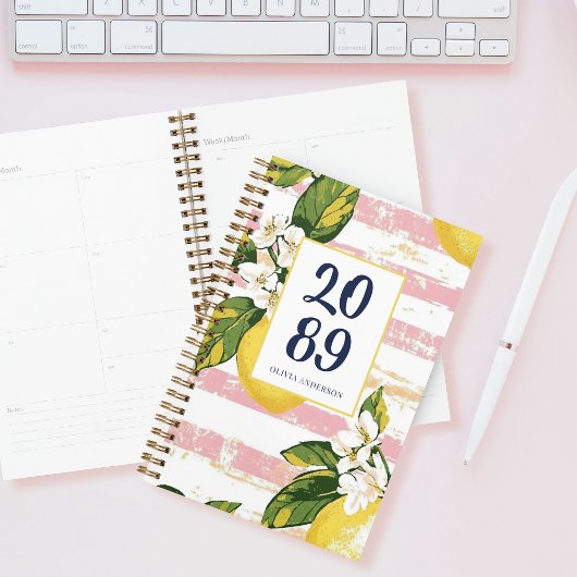 Preppy Lemon Blossom Floral Pink Striped Planner
