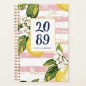 Preppy Lemon Blossom Floral Pink Striped Planner (Voorkant)