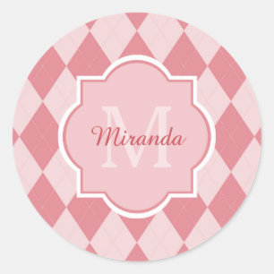 Preppy Licht Roze Argyle Meisje Monogram Party Naa Ronde Sticker