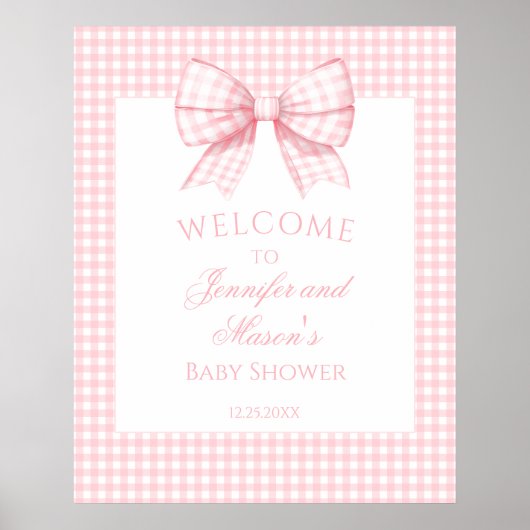Preppy Lichte Roze Gingham Bow Baby Meisje Douche Poster (Voorkant)