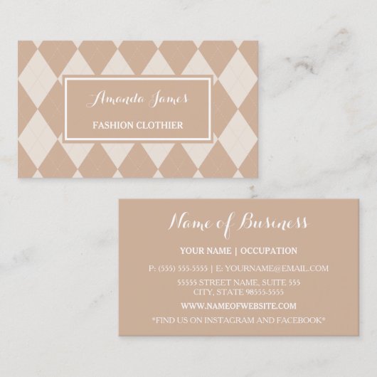 Preppy Light Brown Argyle Pattern Mode Clothier Visitekaartje (Voorkant / Achterkant)