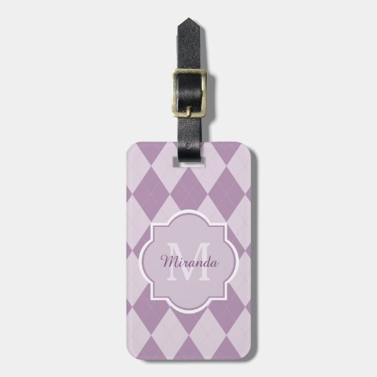 Preppy Light Paars Argyle Girly Monogram en naam Bagagelabel (Voorkant verticaal)