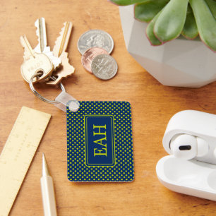 Preppy Lime Green Polka Dot op Navy Blue Monogram Sleutelhanger