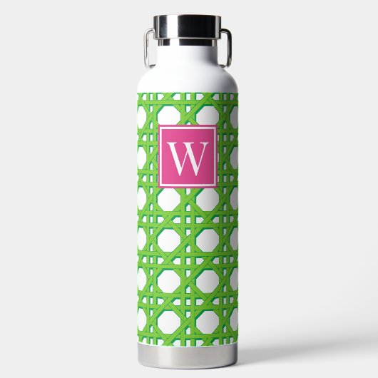 Preppy limoengroene rieten rietpatroon monogram waterfles (Voorkant)
