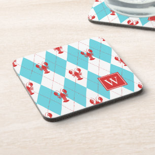 Preppy Lobster Argyle Rood & Turquoise Monogram Bier Onderzetter