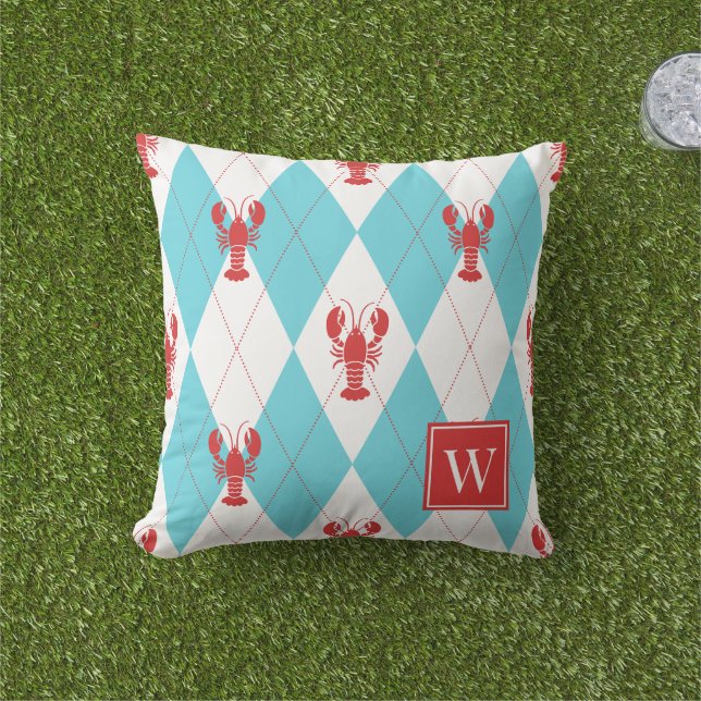 Preppy Lobster Argyle Rood & Turquoise Monogram Buitenkussen (Gras)