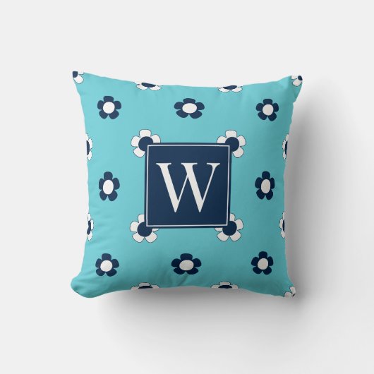 Preppy Madelborder – Turquoise & Navy Monogram Kussen (Voorkant)