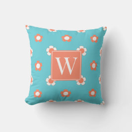 Preppy Madeliefveld – Koraal & Turquoise Monogram Kussen