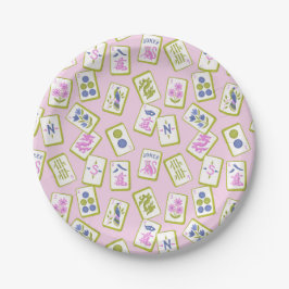 Preppy Mahjong Tegels op Pastelroze Papieren Bordje