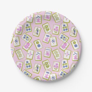 Preppy Mahjong Tegels op Pastelroze Papieren Bordje