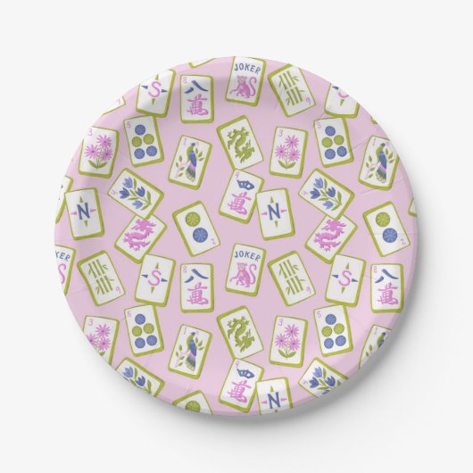 Preppy Mahjong Tiles on Pastel Pink Papieren Bordje (Voorkant)