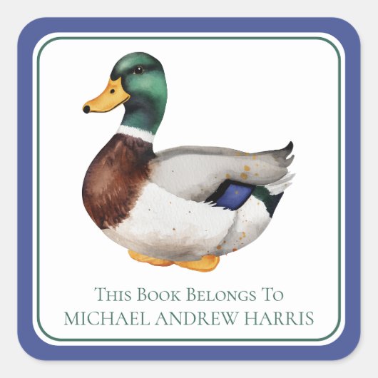 Preppy Mallard Duck Gepersonaliseerde Boekenplaat Vierkante Sticker (Voorkant)