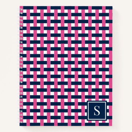 Preppy Mandenvlecht - Navy & Roze Monogram Notitieboek (Voorkant)