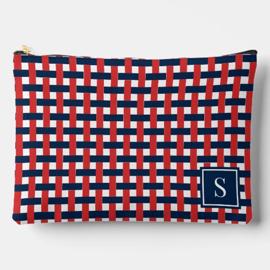 Preppy Mandenvlechtwerk – Navy & Rode Monogram Etui (Voorkant)