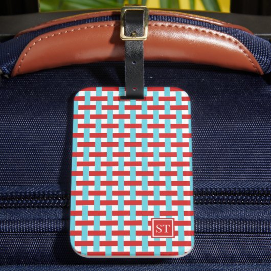 Preppy Mandenvlechtwerk - Rood & Turquoise Monogra Bagagelabel (Voorkant Insitu 2)