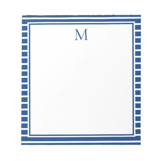 Preppy marineblauw en witte streep monogram notitieblok (Voorkant)