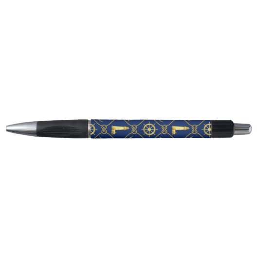 Preppy maritieme goud blauwe vuurtoren zeilboot pen (Voorkant)