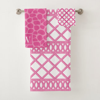 Preppy Maximalistische Lattice Roze & Roze Monogra Bad Handdoek