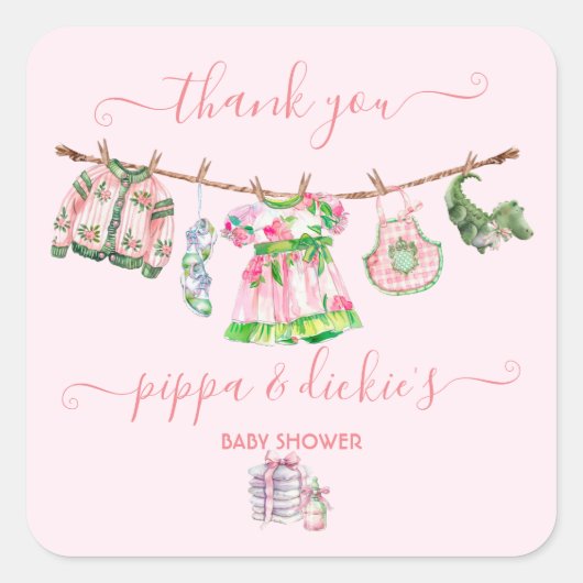 Preppy Meisje waslijn Baby shower Vierkante Sticker (Voorkant)