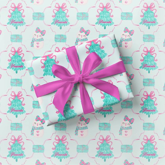 Preppy Mint Girly Christmas Gift Wrap Pink Bow Cadeaupapier